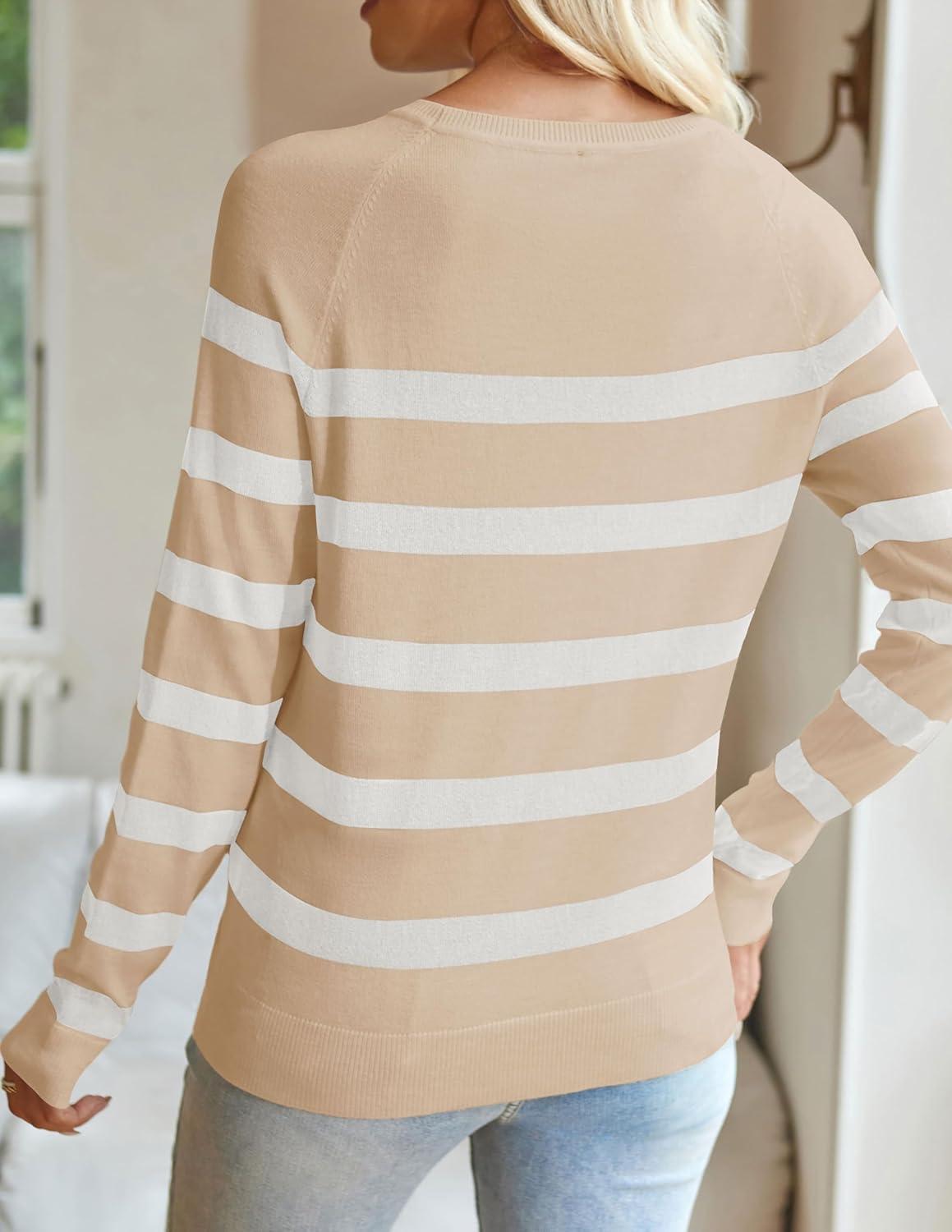 imageZESICA Womens Long Sleeve Lightweight Striped Tops 2026 Fall Crewneck Ribbed Knit ShirtsApricot