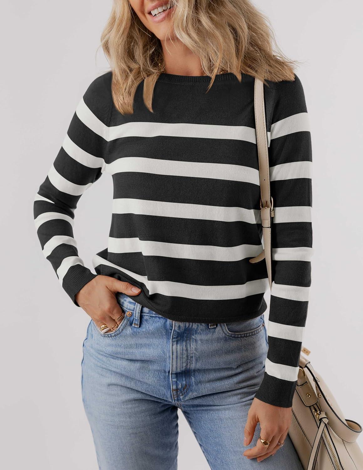 imageZESICA Womens Long Sleeve Lightweight Striped Tops 2026 Fall Crewneck Ribbed Knit ShirtsBlack