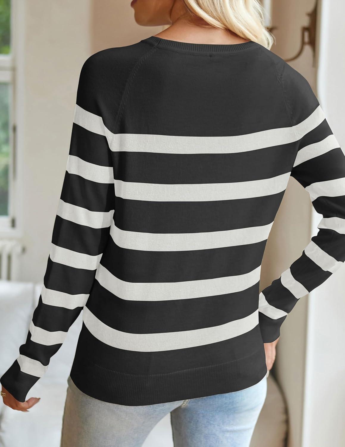 imageZESICA Womens Long Sleeve Lightweight Striped Tops 2026 Fall Crewneck Ribbed Knit ShirtsBlack