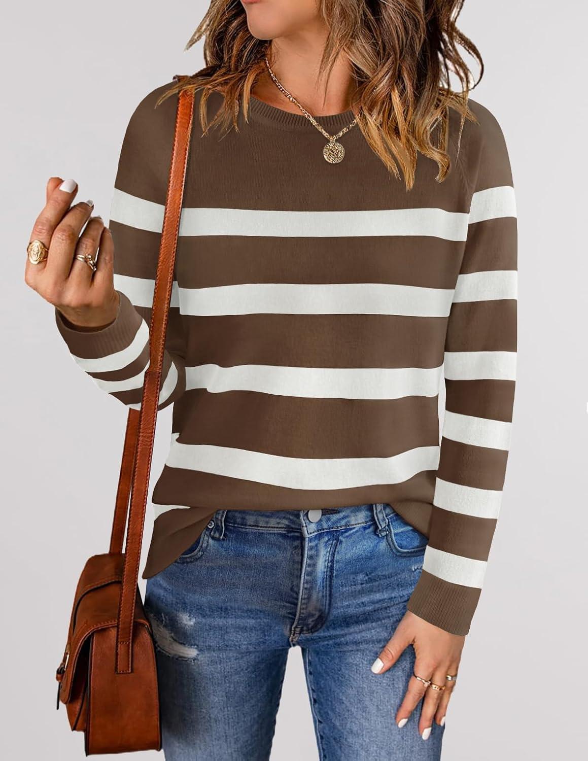 imageZESICA Womens Long Sleeve Lightweight Striped Tops 2026 Fall Crewneck Ribbed Knit ShirtsBrown