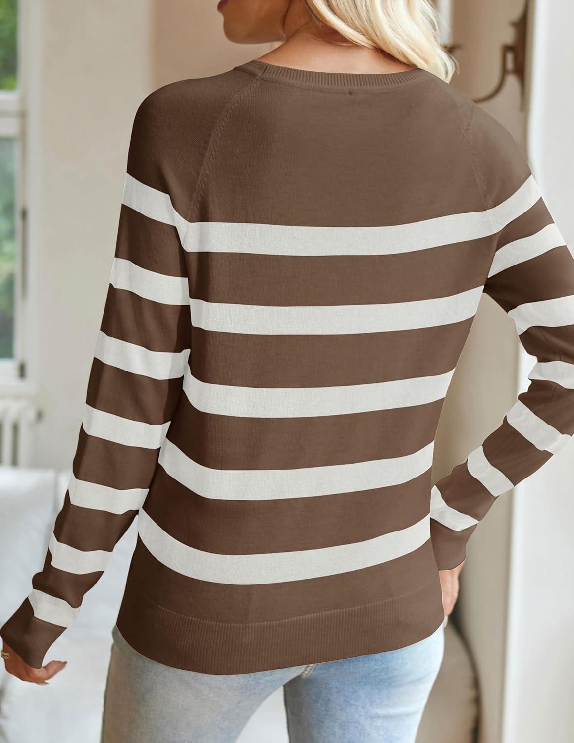 imageZESICA Womens Long Sleeve Lightweight Striped Tops 2026 Fall Crewneck Ribbed Knit ShirtsBrown