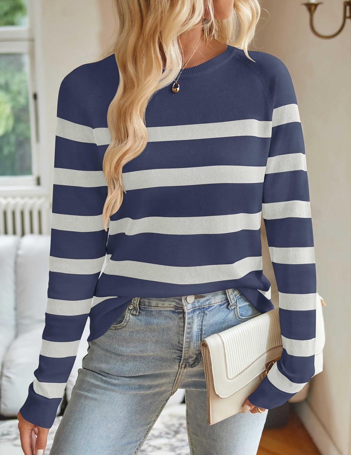 imageZESICA Womens Long Sleeve Lightweight Striped Tops 2026 Fall Crewneck Ribbed Knit ShirtsDark Blue