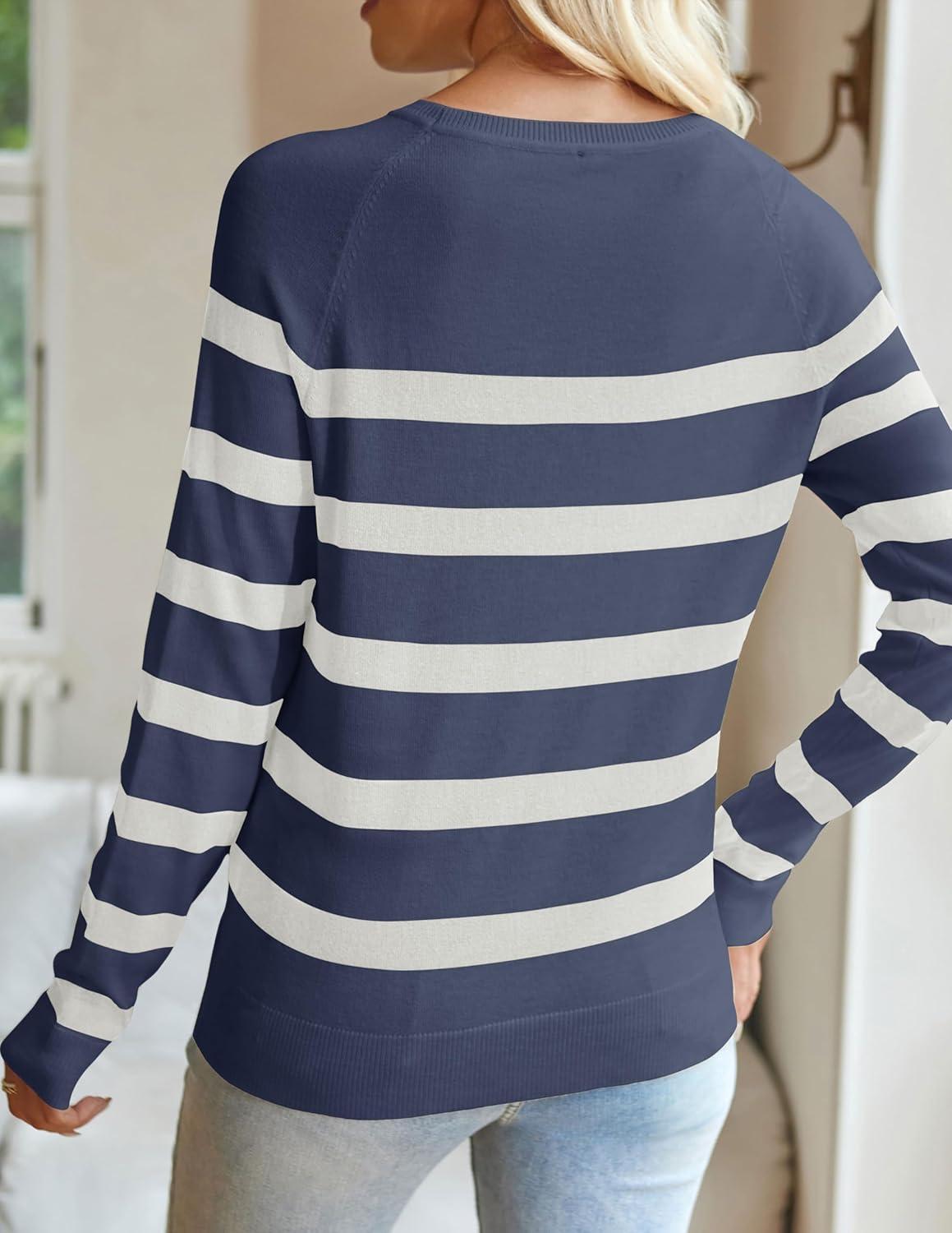 imageZESICA Womens Long Sleeve Lightweight Striped Tops 2026 Fall Crewneck Ribbed Knit ShirtsDark Blue