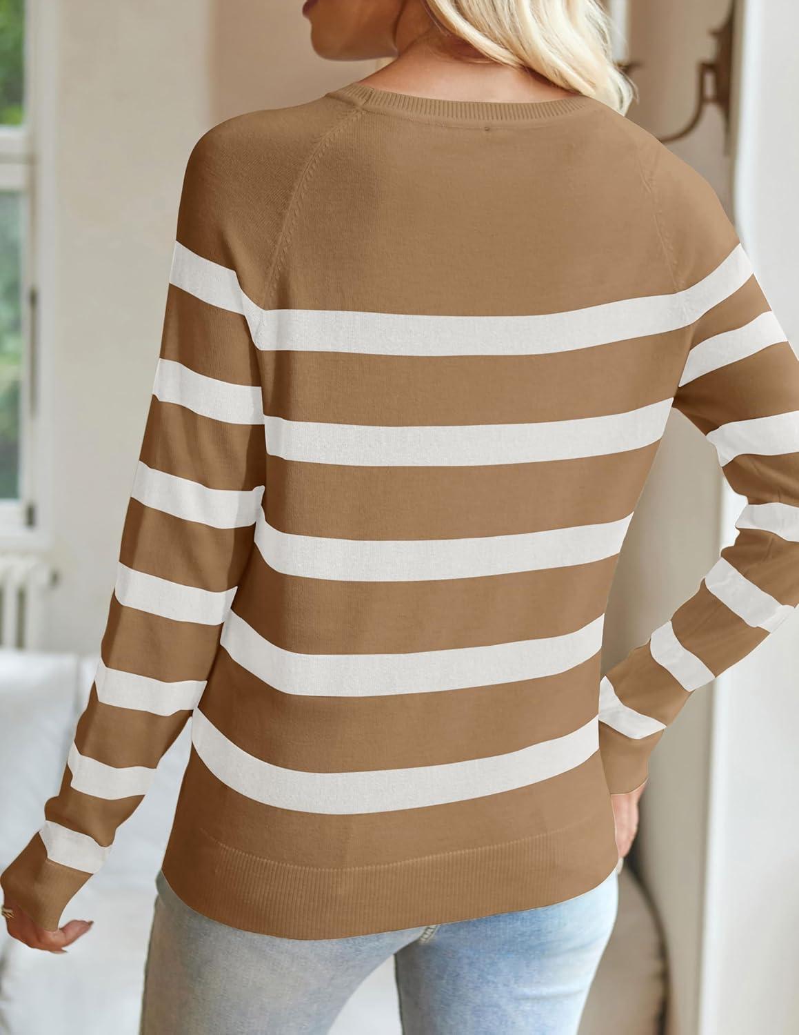 imageZESICA Womens Long Sleeve Lightweight Striped Tops 2026 Fall Crewneck Ribbed Knit ShirtsKhaki