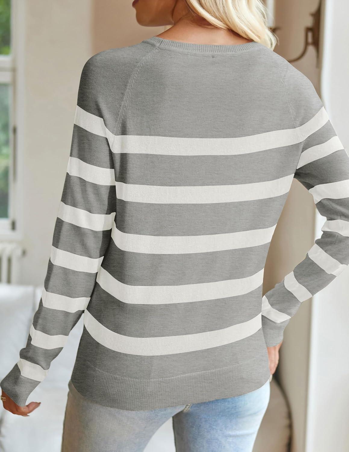 imageZESICA Womens Long Sleeve Lightweight Striped Tops 2026 Fall Crewneck Ribbed Knit ShirtsLight Grey