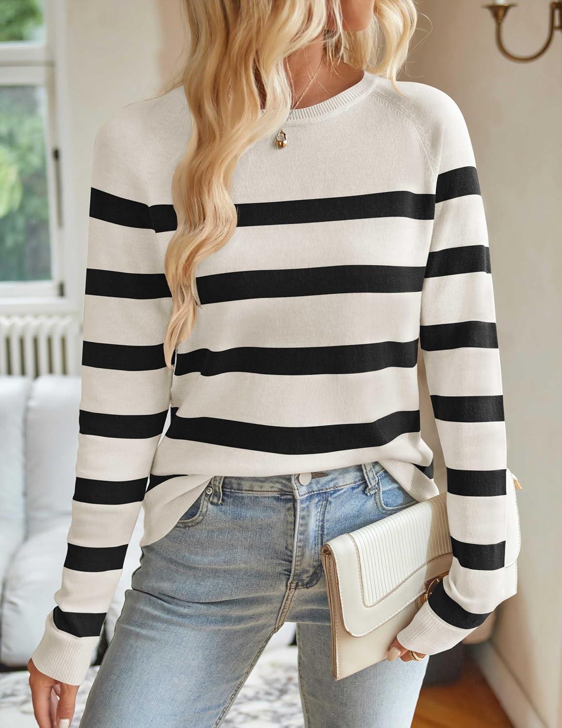 imageZESICA Womens Long Sleeve Lightweight Striped Tops 2026 Fall Crewneck Ribbed Knit ShirtsWhite