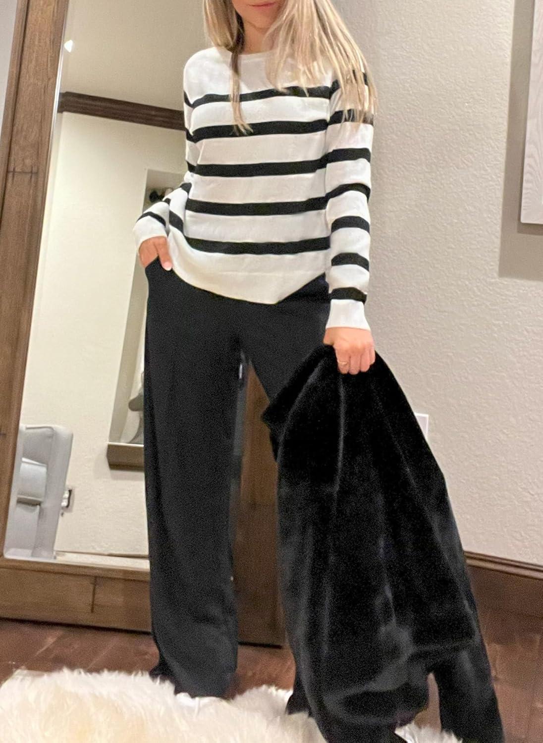 imageZESICA Womens Long Sleeve Lightweight Striped Tops 2026 Fall Crewneck Ribbed Knit ShirtsWhite