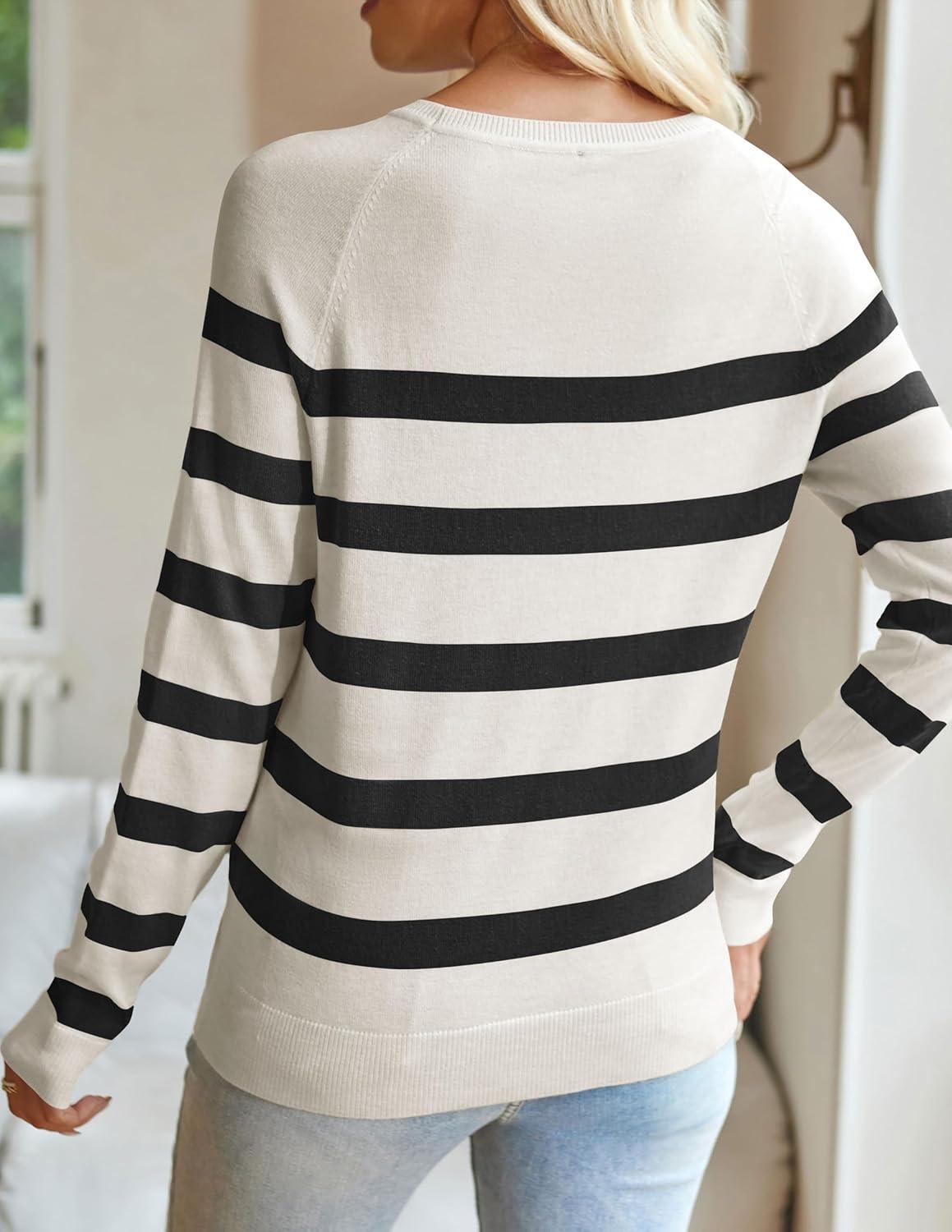 imageZESICA Womens Long Sleeve Lightweight Striped Tops 2026 Fall Crewneck Ribbed Knit ShirtsWhite