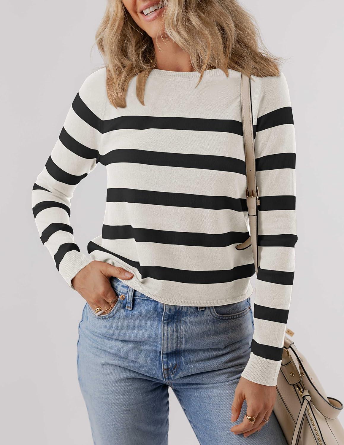 imageZESICA Womens Long Sleeve Lightweight Striped Tops 2026 Fall Crewneck Ribbed Knit ShirtsWhite