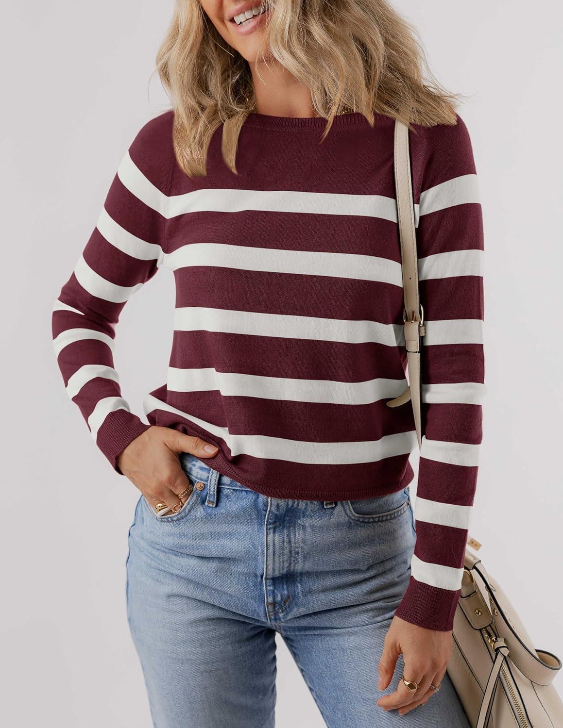 imageZESICA Womens Long Sleeve Lightweight Striped Tops 2026 Fall Crewneck Ribbed Knit ShirtsWine