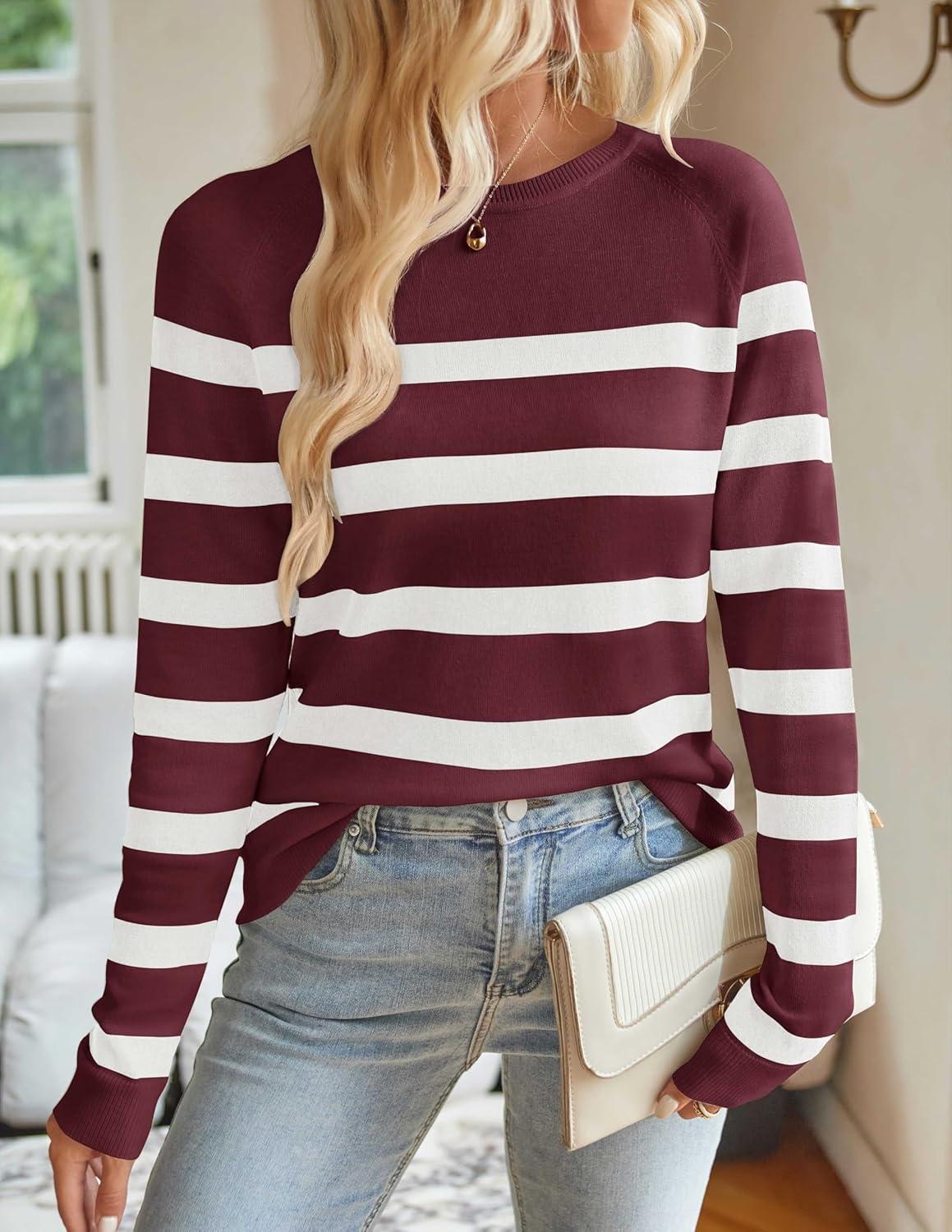 imageZESICA Womens Long Sleeve Lightweight Striped Tops 2026 Fall Crewneck Ribbed Knit ShirtsWine