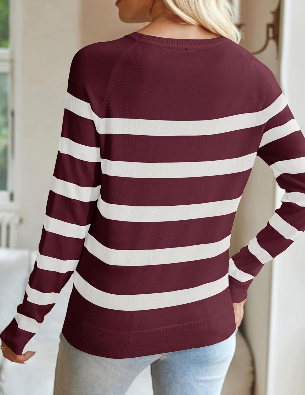 imageZESICA Womens Long Sleeve Lightweight Striped Tops 2026 Fall Crewneck Ribbed Knit ShirtsWine