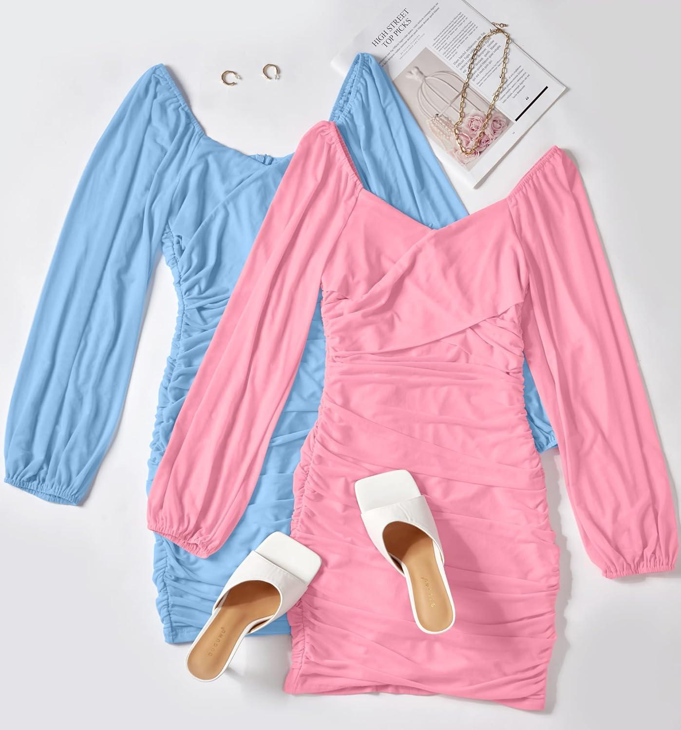 imageZESICA Womens Sexy V Neck Ruched Bodycon Mini Dress Puff Long Sleeve Cocktail Wedding Party Short DressesLightblue