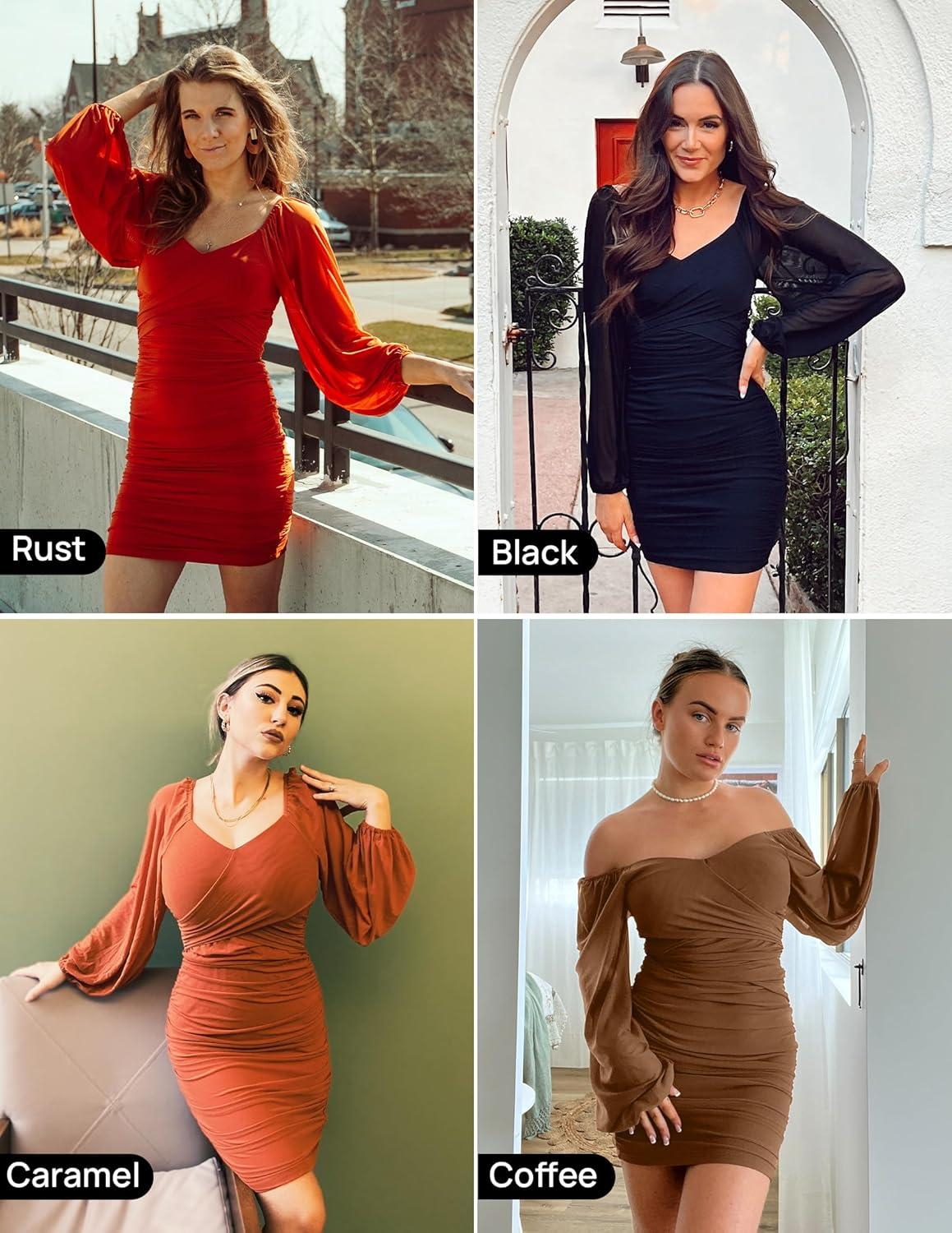 imageZESICA Womens Sexy V Neck Ruched Bodycon Mini Dress Puff Long Sleeve Cocktail Wedding Party Short DressesLightblue