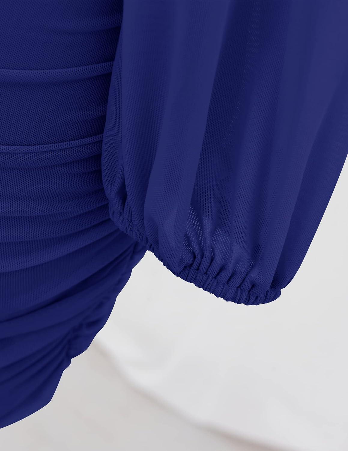 imageZESICA Womens Sexy V Neck Ruched Bodycon Mini Dress Puff Long Sleeve Cocktail Wedding Party Short DressesRoyalblue