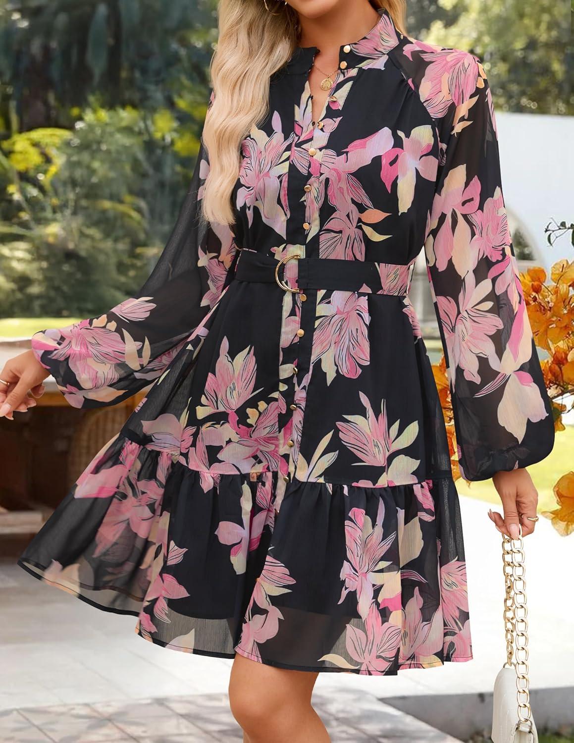 imageZESICA Womens Spring Summer Floral Mini Dress Long Sleeve Button Chiffon A Line Swing Short Wedding Guest Party DressesBlack