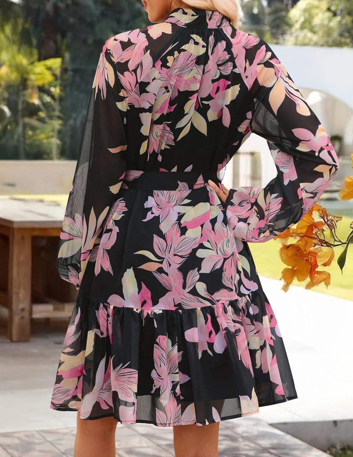 imageZESICA Womens Spring Summer Floral Mini Dress Long Sleeve Button Chiffon A Line Swing Short Wedding Guest Party DressesBlack