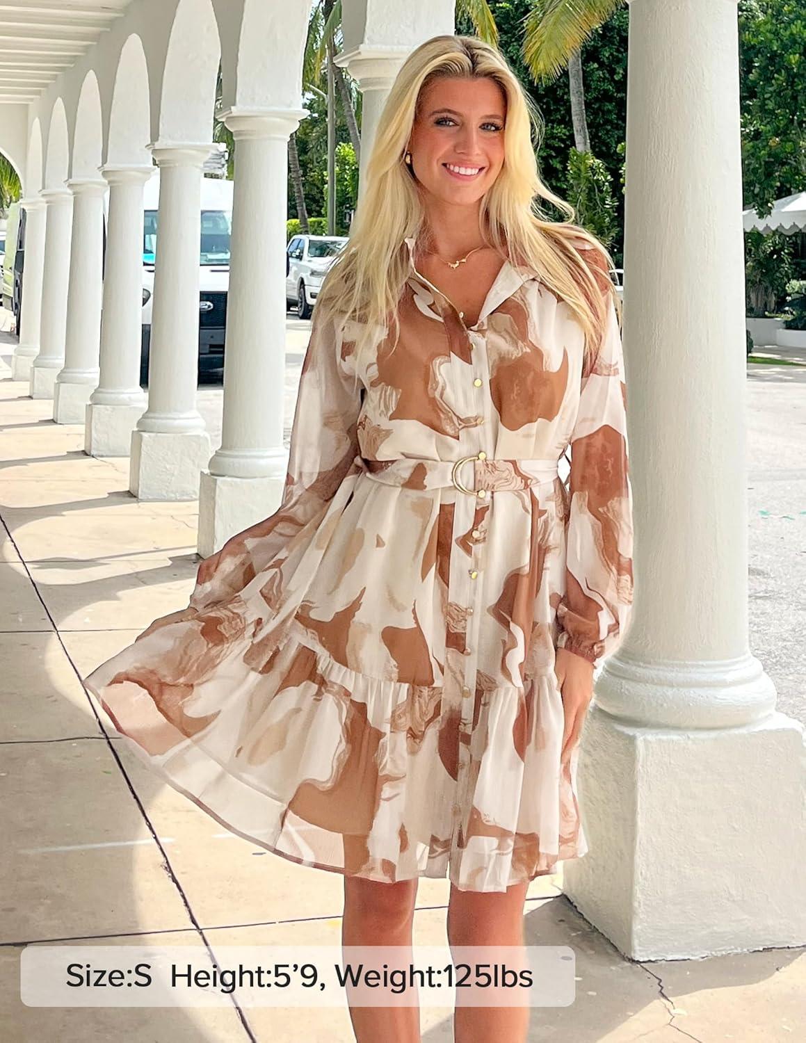 imageZESICA Womens Spring Summer Floral Mini Dress Long Sleeve Button Chiffon A Line Swing Short Wedding Guest Party DressesBrown