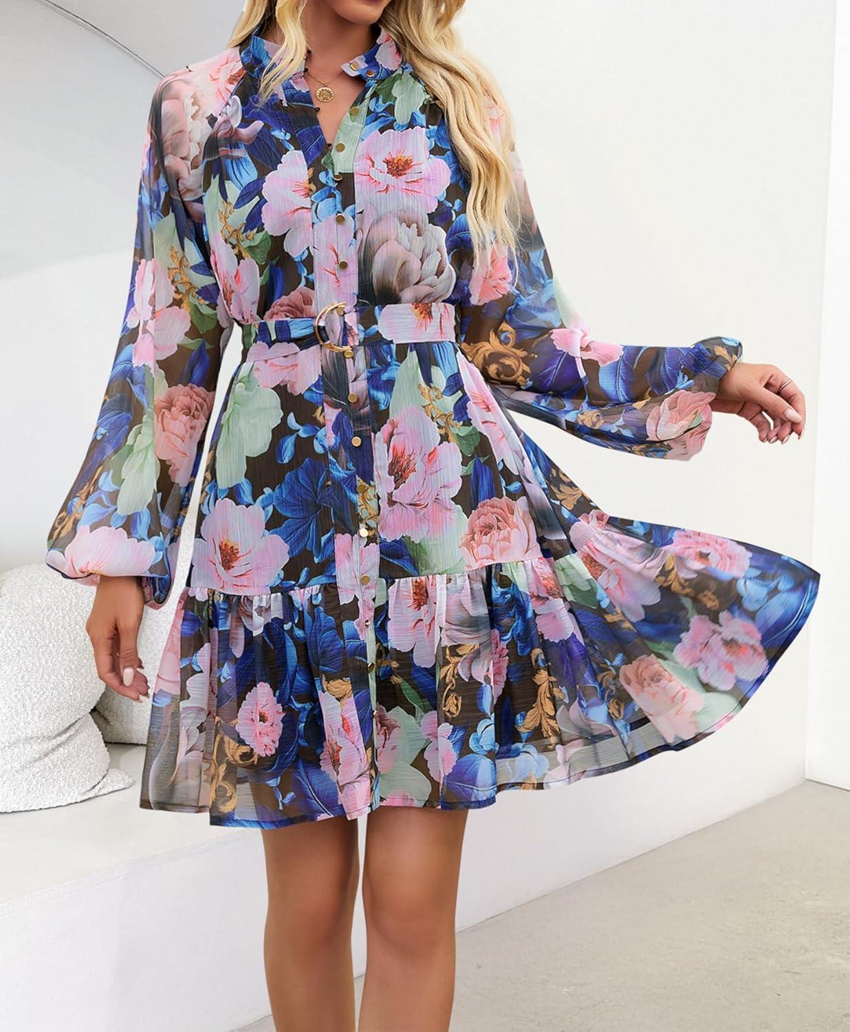 imageZESICA Womens Spring Summer Floral Mini Dress Long Sleeve Button Chiffon A Line Swing Short Wedding Guest Party DressesDark Blue