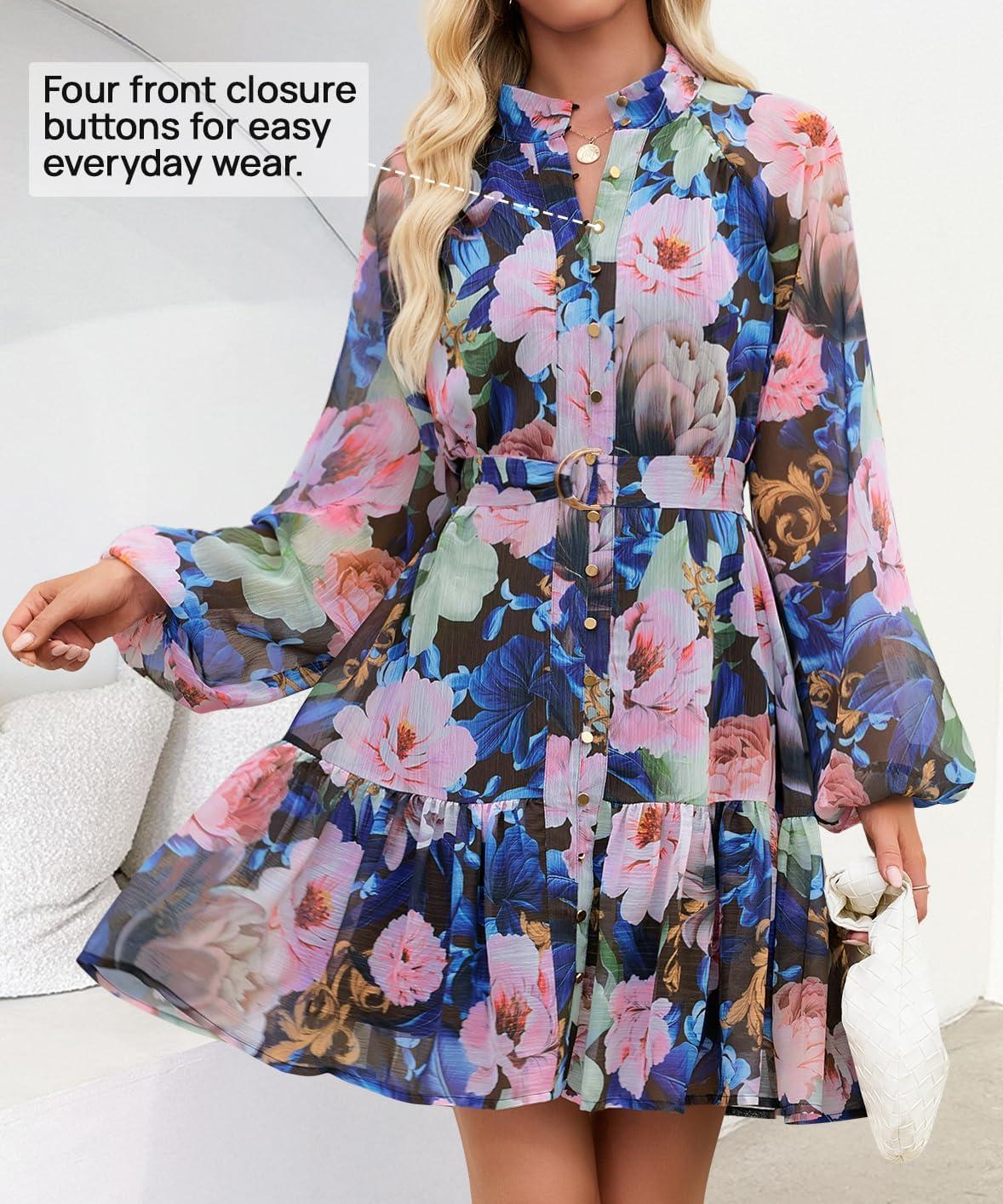 imageZESICA Womens Spring Summer Floral Mini Dress Long Sleeve Button Chiffon A Line Swing Short Wedding Guest Party DressesDark Blue