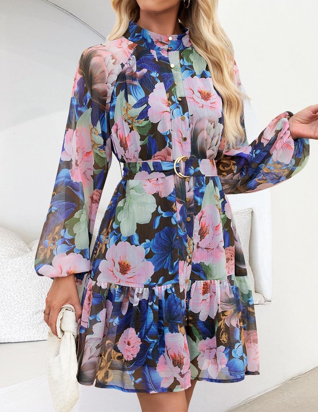 imageZESICA Womens Spring Summer Floral Mini Dress Long Sleeve Button Chiffon A Line Swing Short Wedding Guest Party DressesDark Blue
