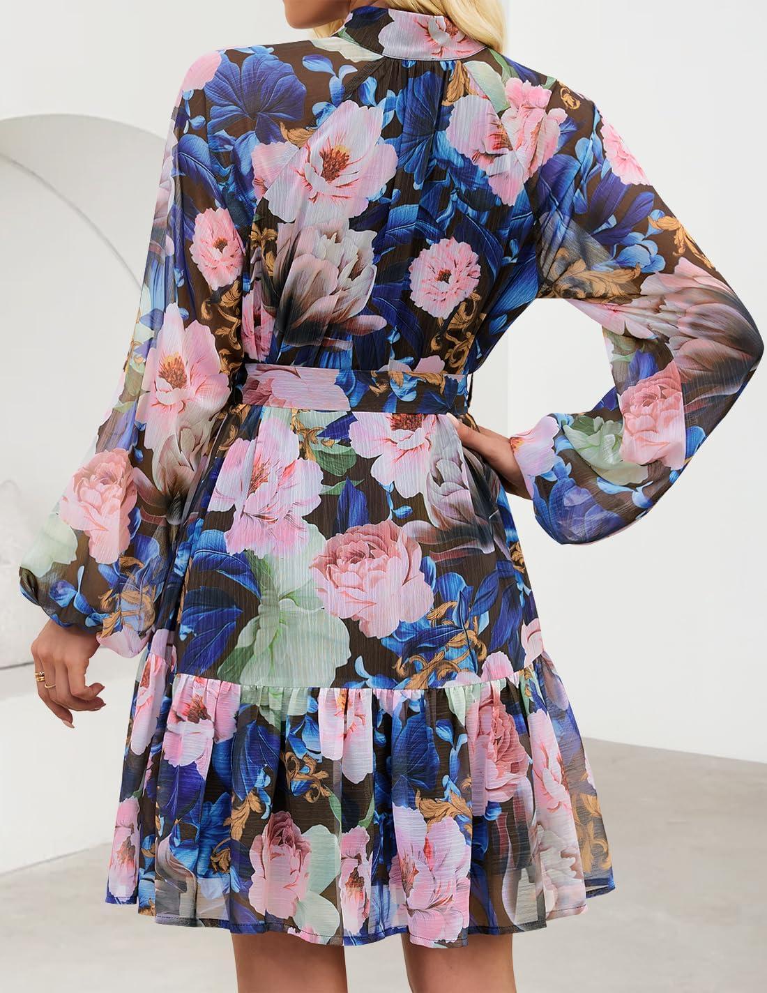 imageZESICA Womens Spring Summer Floral Mini Dress Long Sleeve Button Chiffon A Line Swing Short Wedding Guest Party DressesDark Blue