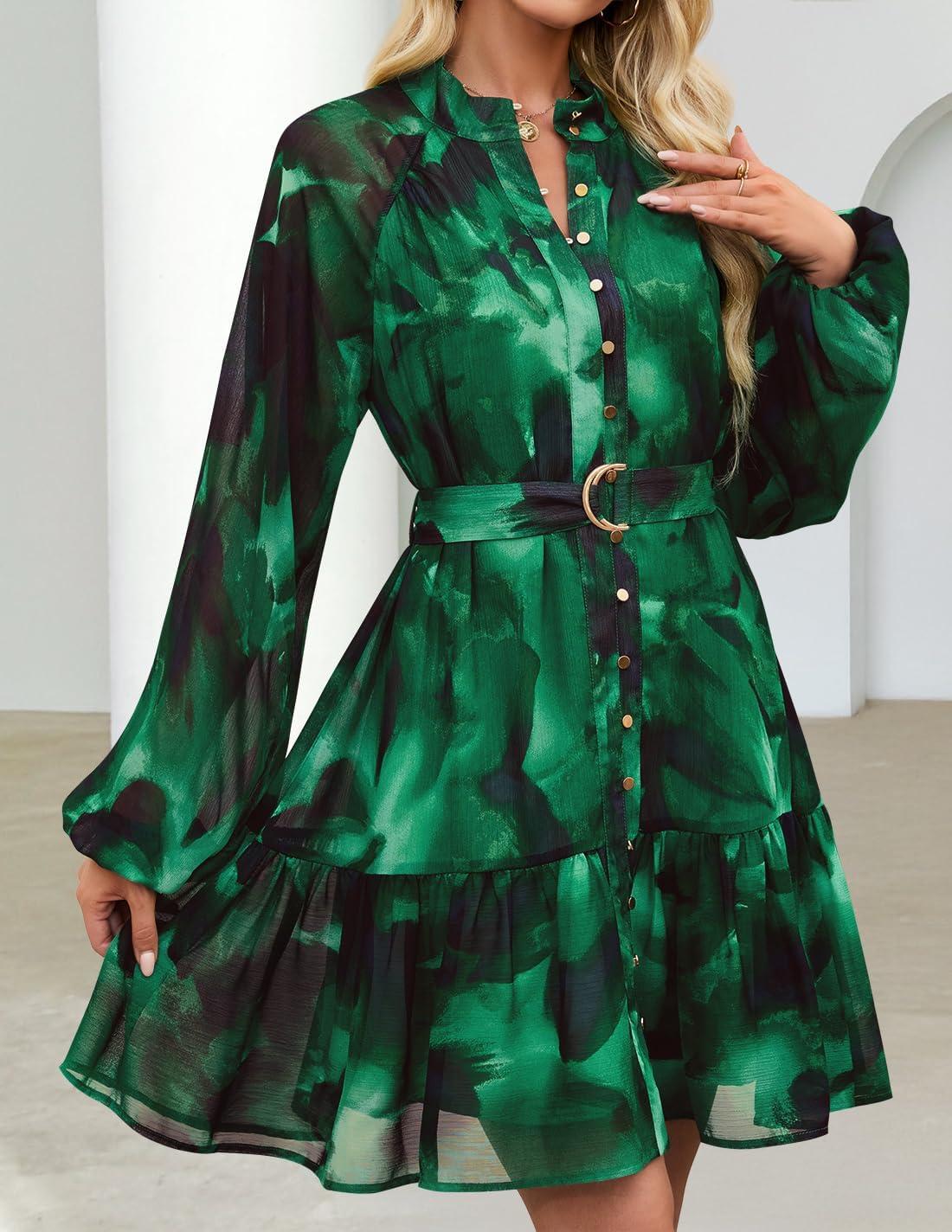 imageZESICA Womens Spring Summer Floral Mini Dress Long Sleeve Button Chiffon A Line Swing Short Wedding Guest Party DressesDark Green