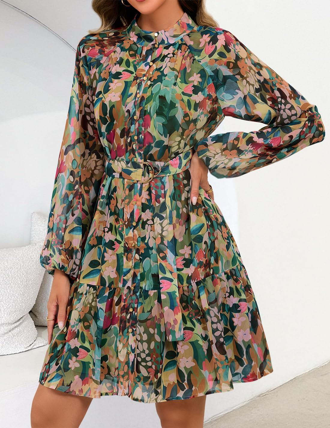 imageZESICA Womens Spring Summer Floral Mini Dress Long Sleeve Button Chiffon A Line Swing Short Wedding Guest Party DressesGreen