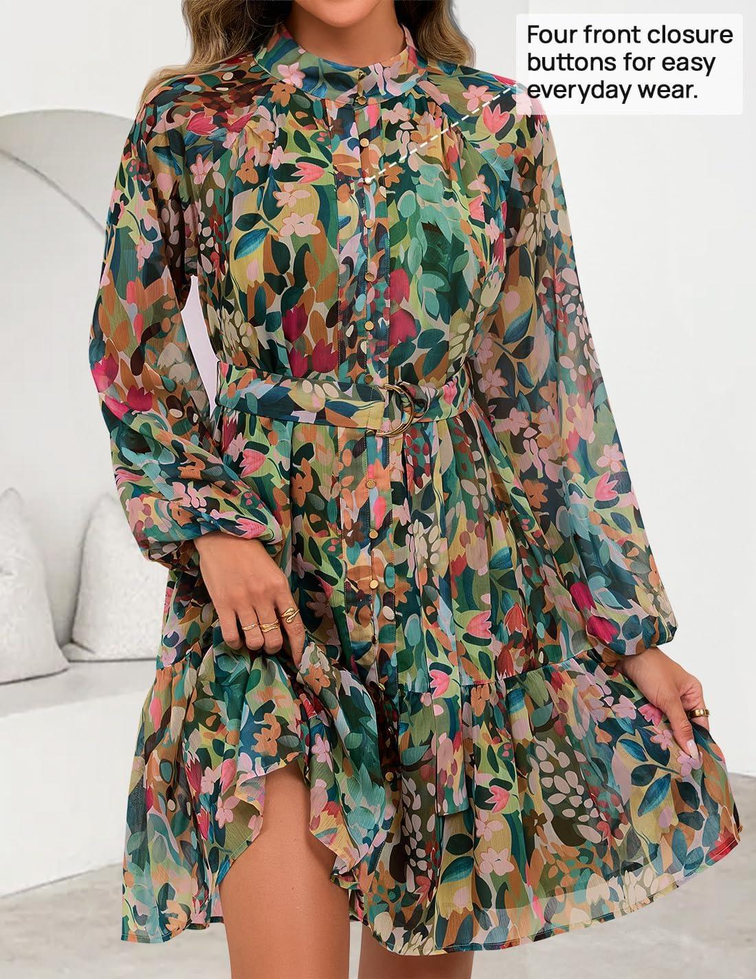 imageZESICA Womens Spring Summer Floral Mini Dress Long Sleeve Button Chiffon A Line Swing Short Wedding Guest Party DressesGreen