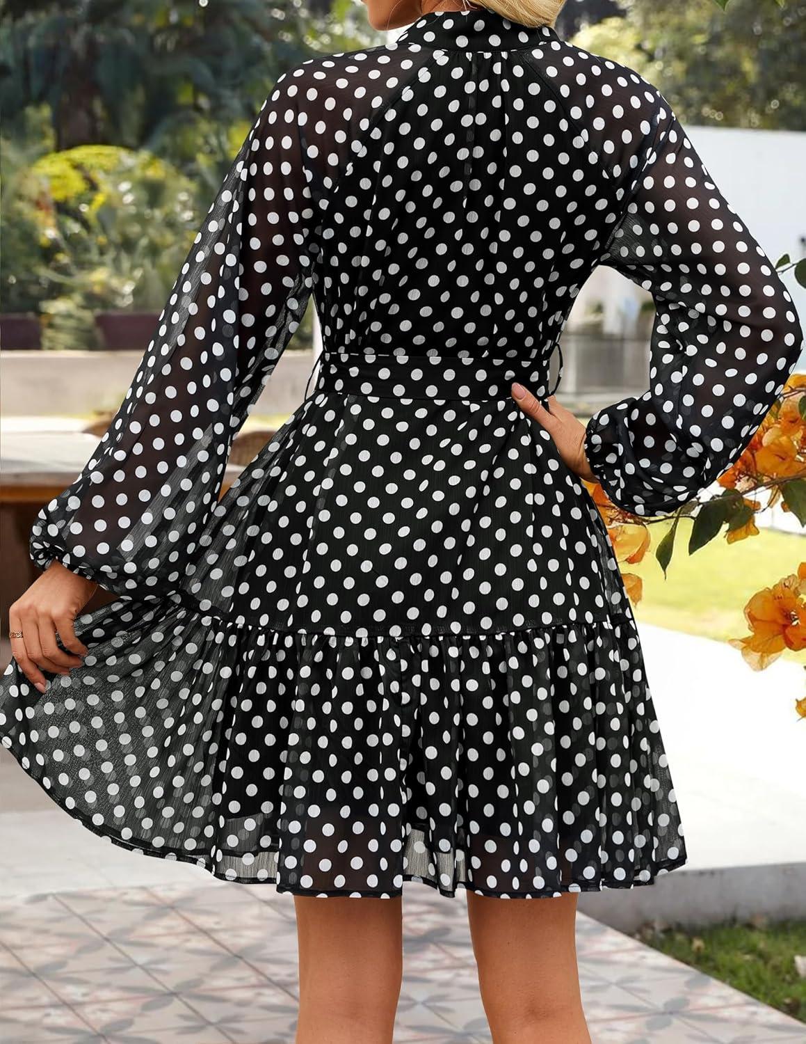 imageZESICA Womens Spring Summer Floral Mini Dress Long Sleeve Button Chiffon A Line Swing Short Wedding Guest Party DressesPoint Black
