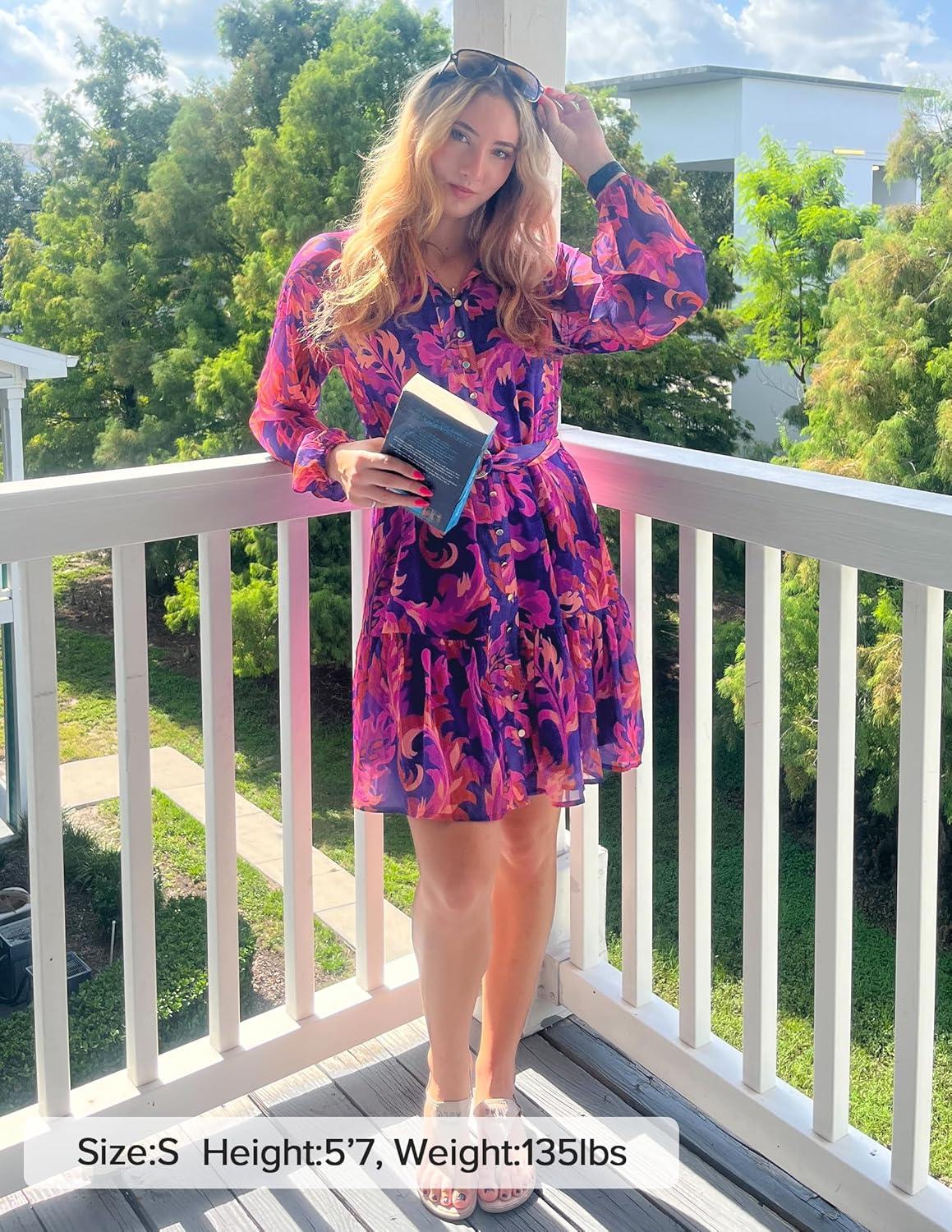 imageZESICA Womens Spring Summer Floral Mini Dress Long Sleeve Button Chiffon A Line Swing Short Wedding Guest Party DressesPurple