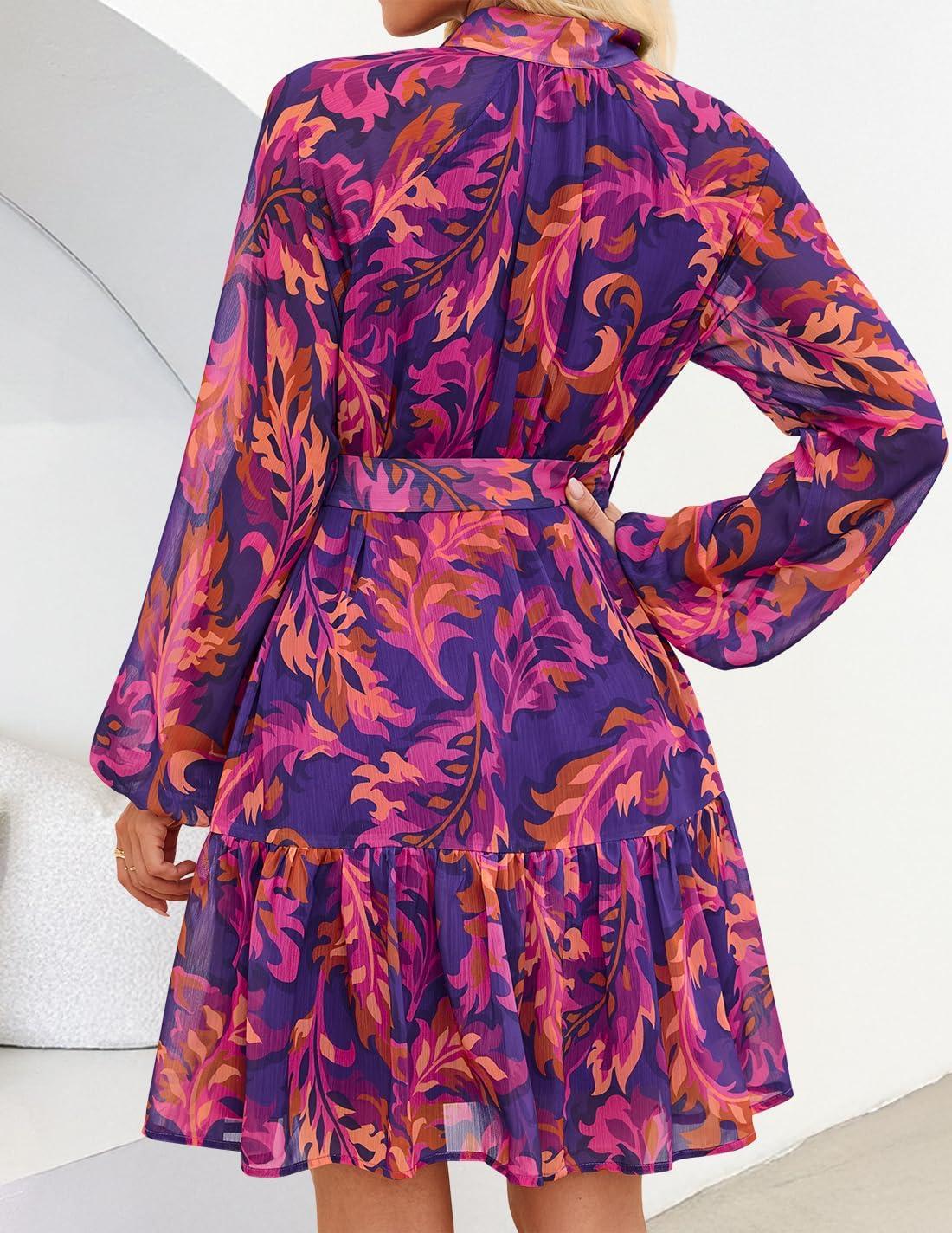 imageZESICA Womens Spring Summer Floral Mini Dress Long Sleeve Button Chiffon A Line Swing Short Wedding Guest Party DressesPurple