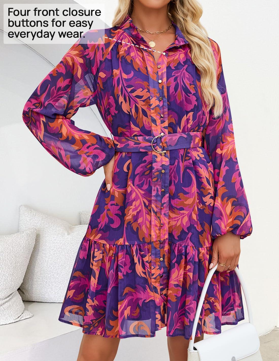 imageZESICA Womens Spring Summer Floral Mini Dress Long Sleeve Button Chiffon A Line Swing Short Wedding Guest Party DressesPurple