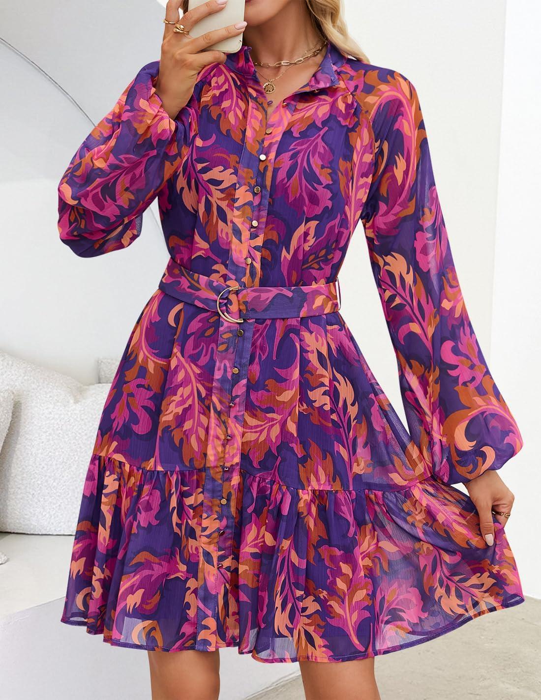 imageZESICA Womens Spring Summer Floral Mini Dress Long Sleeve Button Chiffon A Line Swing Short Wedding Guest Party DressesPurple