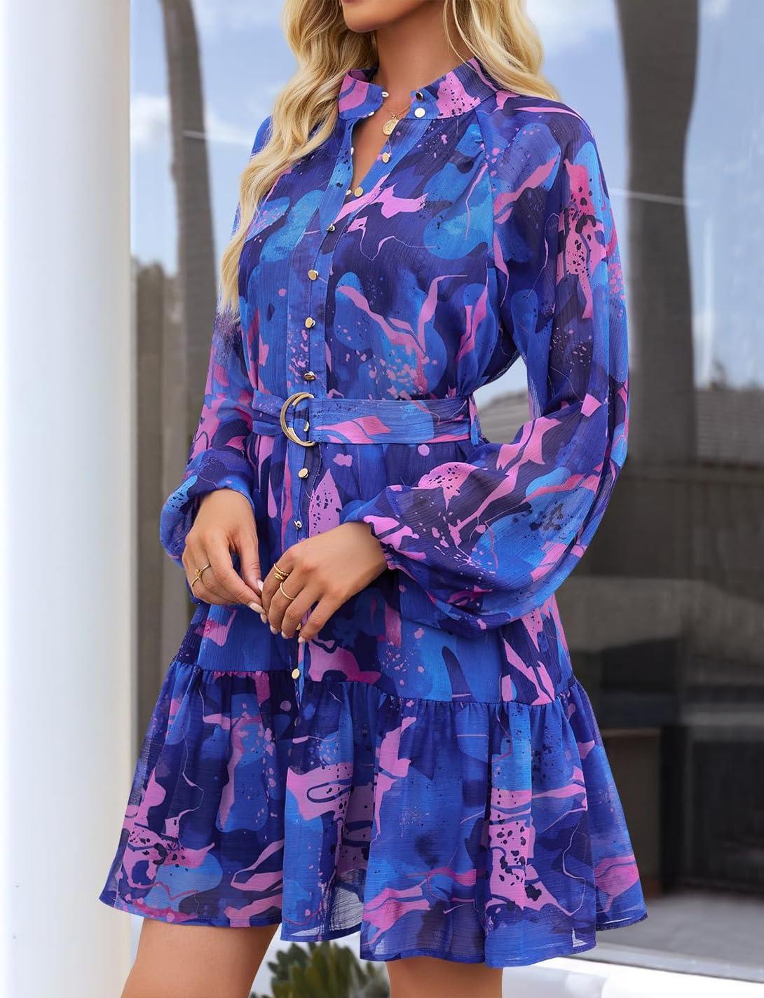 imageZESICA Womens Spring Summer Floral Mini Dress Long Sleeve Button Chiffon A Line Swing Short Wedding Guest Party DressesRoyal Blue