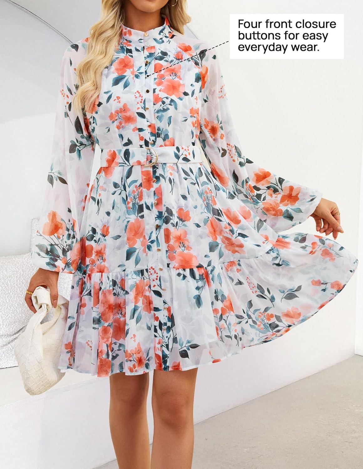 imageZESICA Womens Spring Summer Floral Mini Dress Long Sleeve Button Chiffon A Line Swing Short Wedding Guest Party DressesWhite