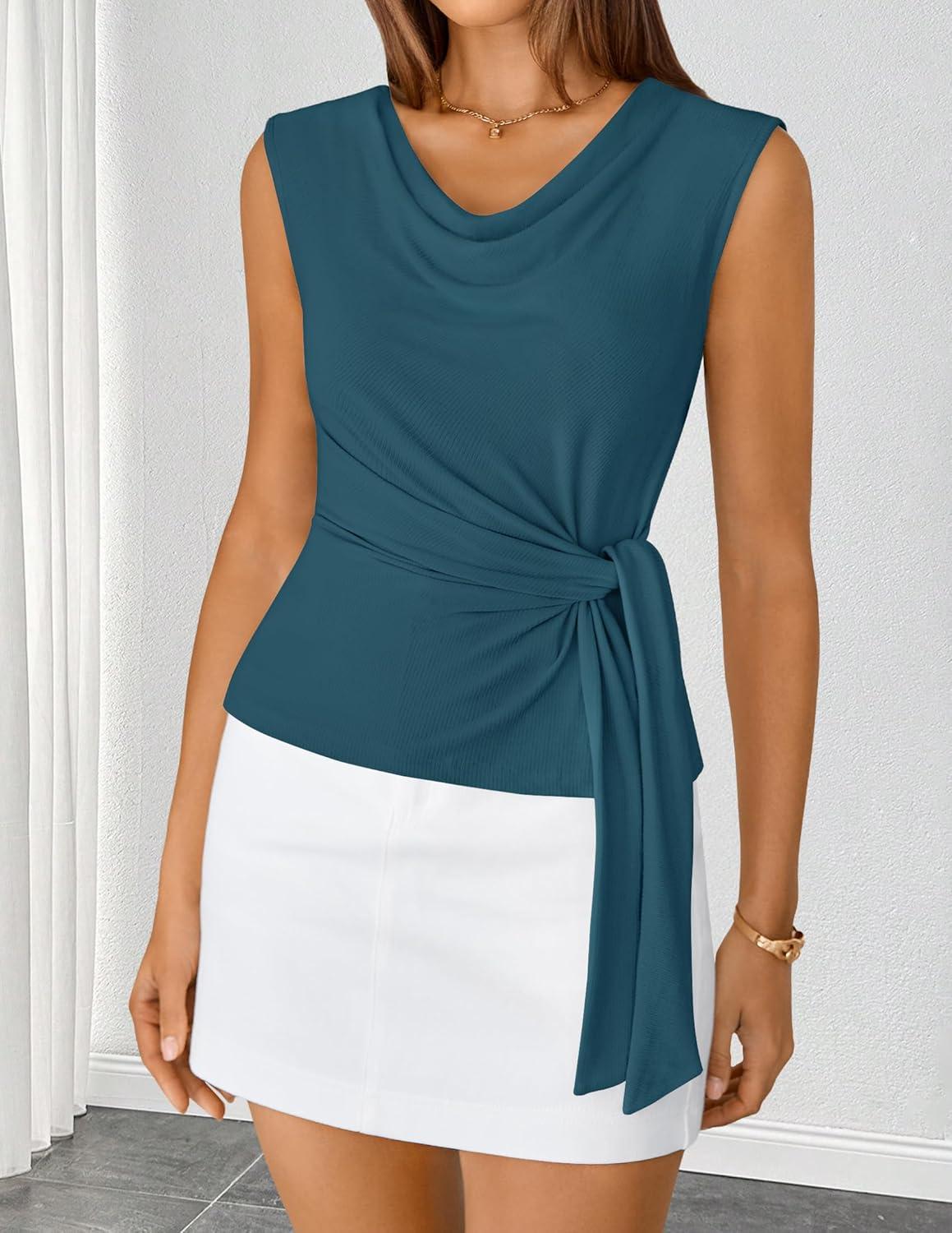 imageZESICA Womens Summer Business Casual Tank Tops 2026 Cowl Neck Sleeveless Knit Slim Shirts Spring Work Dressy BlousesLake Blue