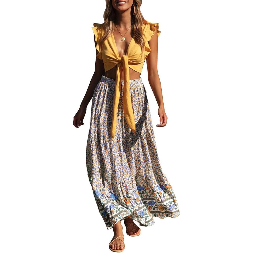 imageZESICA Womens 2026 Summer Bohemian Floral Printed Elastic Waist A Line Maxi Skirt with PocketsCream