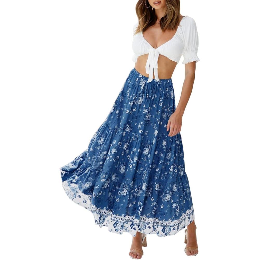 imageZESICA Womens 2026 Summer Bohemian Floral Printed Elastic Waist A Line Maxi Skirt with PocketsDarkblue