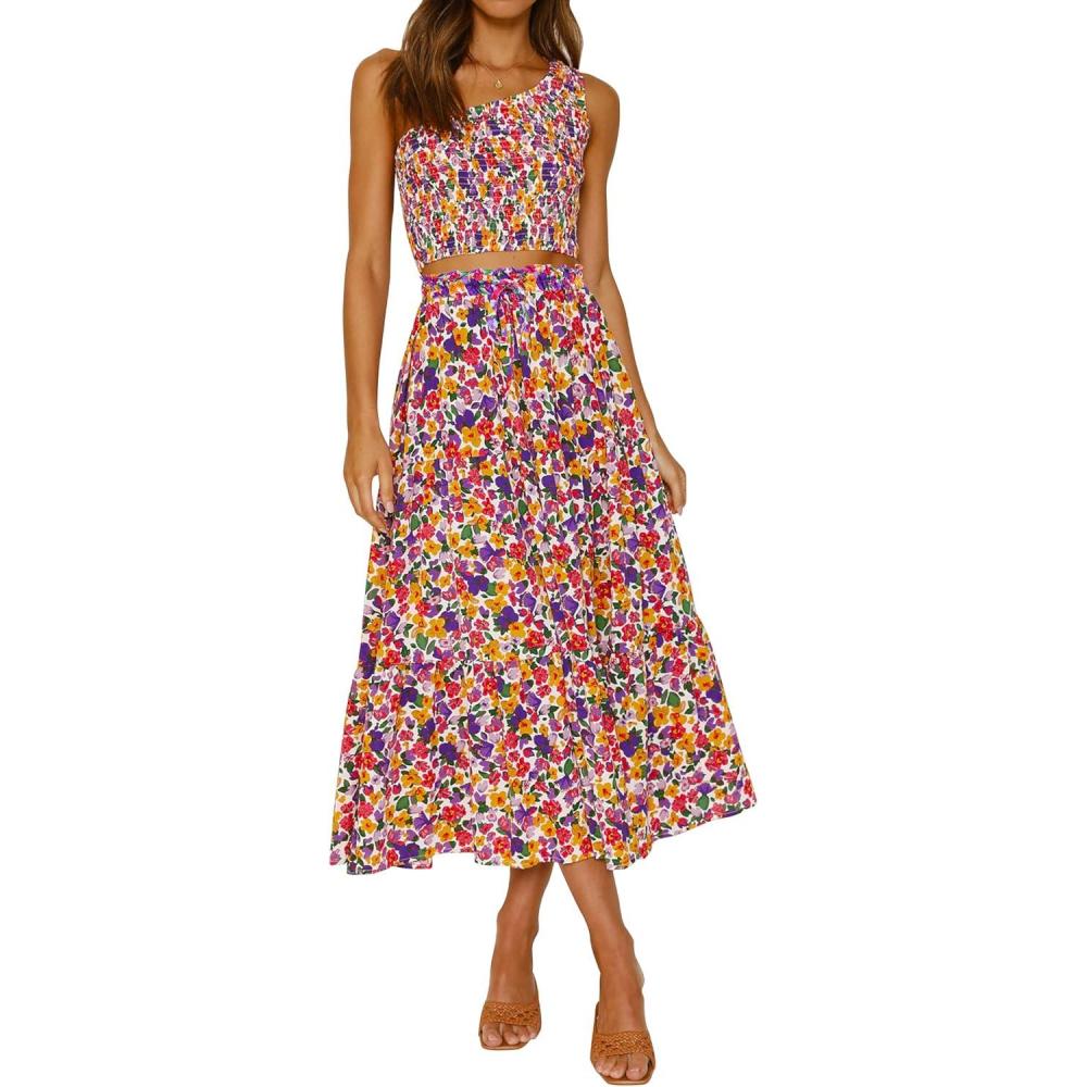 imageZESICA Womens 2026 Summer Bohemian Floral Printed Elastic Waist A Line Maxi Skirt with PocketsDarkpurple