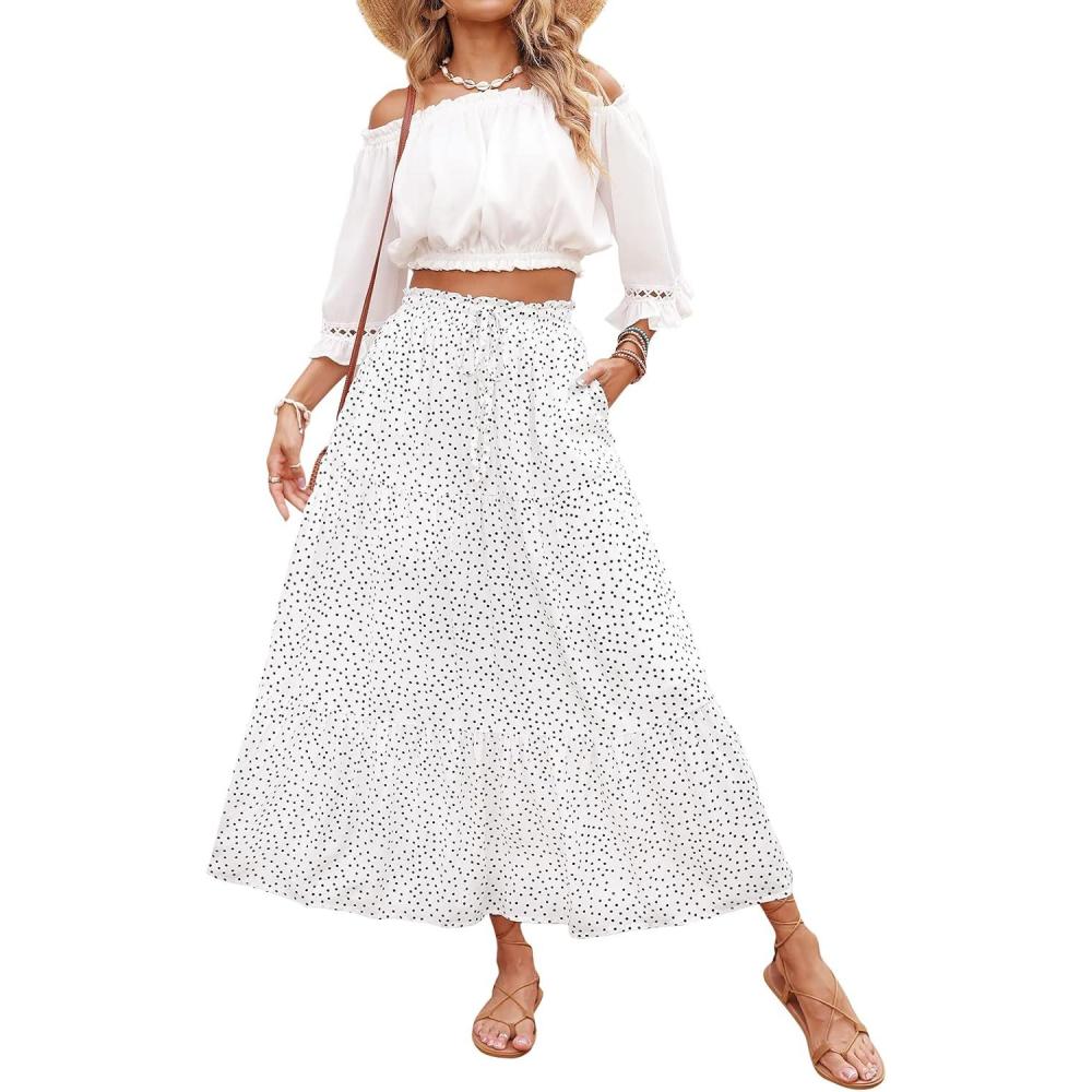 imageZESICA Womens 2026 Summer Bohemian Floral Printed Elastic Waist A Line Maxi Skirt with PocketsIvory