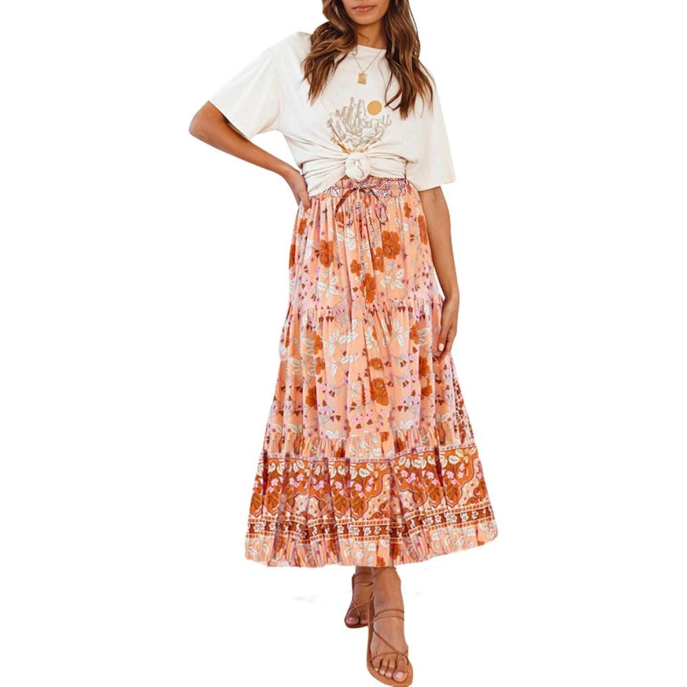 imageZESICA Womens 2026 Summer Bohemian Floral Printed Elastic Waist A Line Maxi Skirt with PocketsPeach