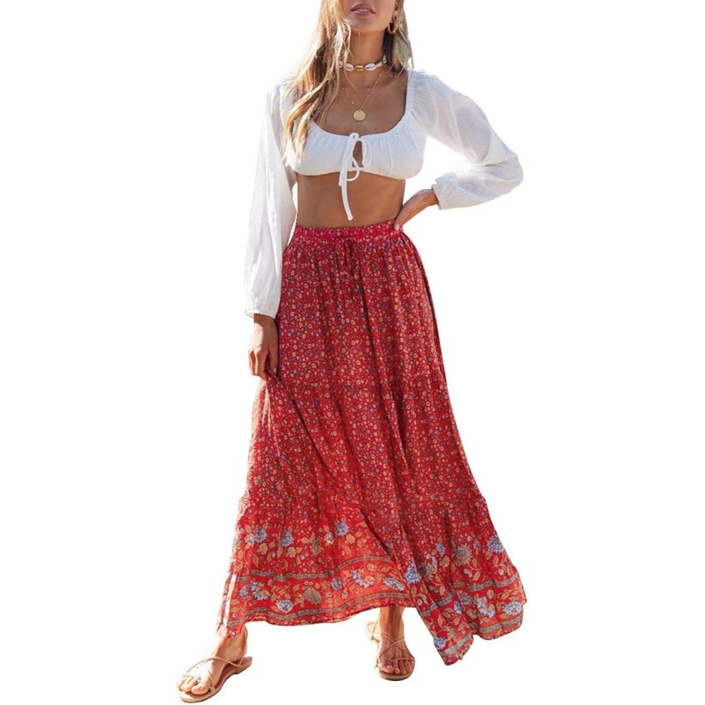 imageZESICA Womens 2026 Summer Bohemian Floral Printed Elastic Waist A Line Maxi Skirt with PocketsRed2
