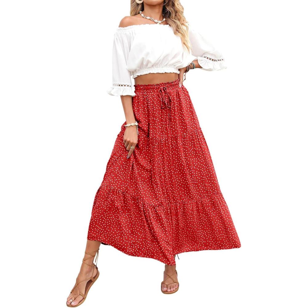 imageZESICA Womens 2026 Summer Bohemian Floral Printed Elastic Waist A Line Maxi Skirt with PocketsTomato