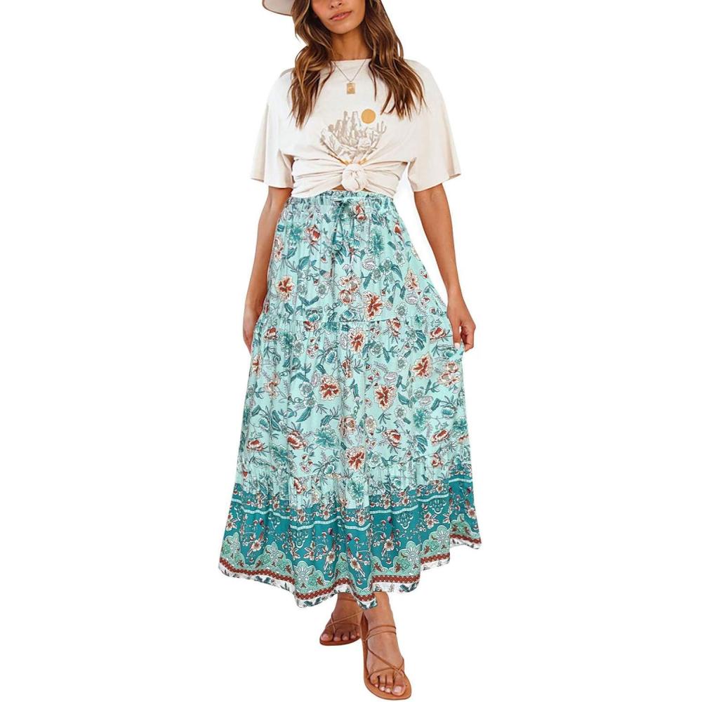 imageZESICA Womens 2026 Summer Bohemian Floral Printed Elastic Waist A Line Maxi Skirt with PocketsTurquoise