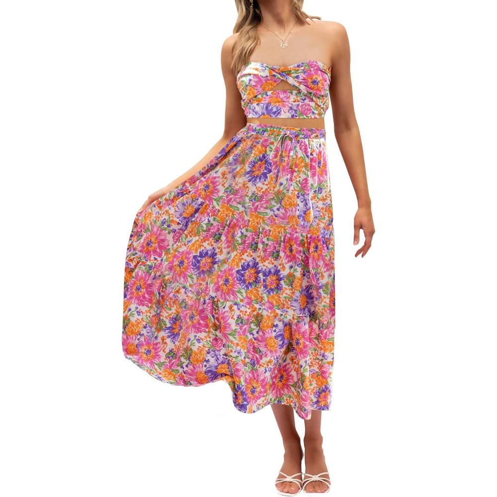 imageZESICA Womens 2026 Summer Bohemian Floral Printed Elastic Waist A Line Maxi Skirt with PocketsViolet