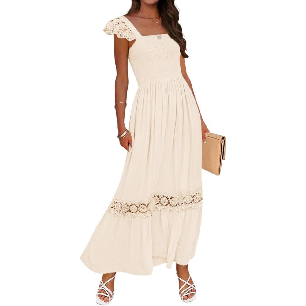 imageZESICA Womens 2026 Summer Lace Strap Sleeveless Square Neck Smocked High Waist Ruffle Hollow Out Flowy A Line Maxi DressApricot
