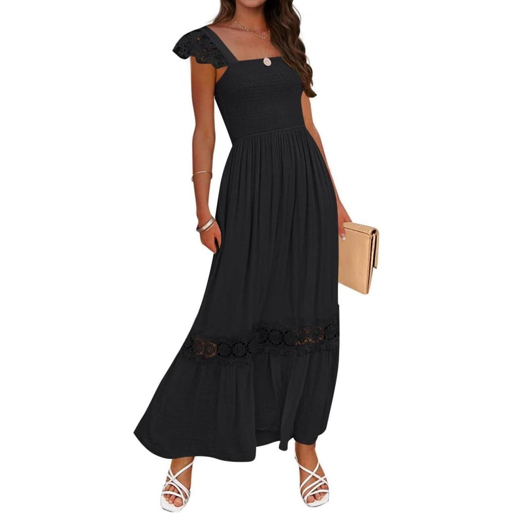 imageZESICA Womens 2026 Summer Lace Strap Sleeveless Square Neck Smocked High Waist Ruffle Hollow Out Flowy A Line Maxi DressBlack