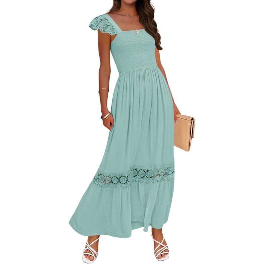 imageZESICA Womens 2026 Summer Lace Strap Sleeveless Square Neck Smocked High Waist Ruffle Hollow Out Flowy A Line Maxi DressLightgreen