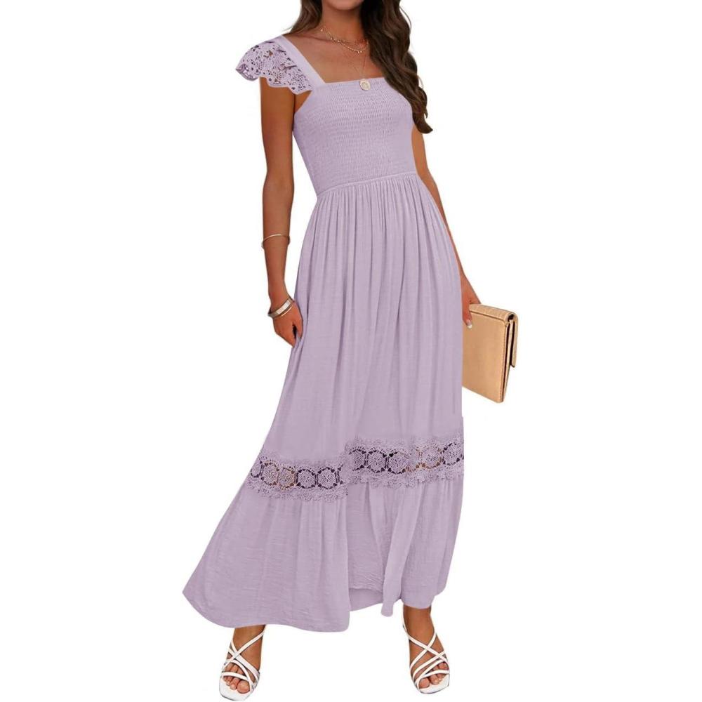 imageZESICA Womens 2026 Summer Lace Strap Sleeveless Square Neck Smocked High Waist Ruffle Hollow Out Flowy A Line Maxi DressLightpurple